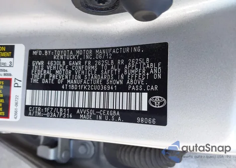 2012 Toyota Camry Hybrid Xle z USA, uszkodzony, nr VIN 4T1BD1FK2CU036941